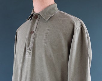Vintage 1980s 80s Swedish army military fältskjorta green cotton smock shirt pop over work workwear chore 50” chest