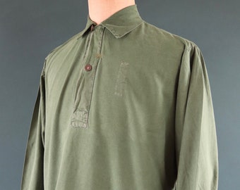 Vintage 1970s 70s Swedish army military fältskjorta green cotton smock shirt pop over work workwear chore 50” chest