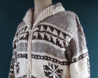 Vintage 1990s 90s Sundance knitted wool cowichan sweater cardigan jumper knit snowflake cream brown shawl collar 46” chest