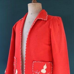 Vintage 1940s 40s red white wool felt La Mexicana Mexican souvenir tourist jacket novelty hand embroidered 40” chest