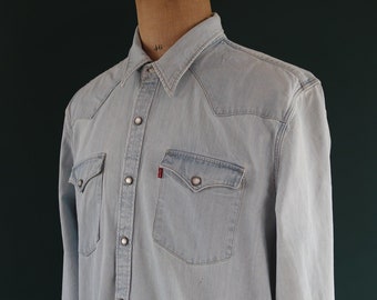 Vintage Levis Levi Strauss pale blue chambray denim shirt cowboy western 48" chest red tab pearl snap