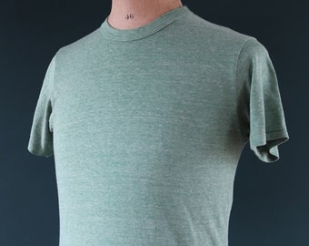 Vintage 1980s 80s 50/50 green marl sportswear plain paper thin t shirt 38” chest surf sports