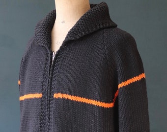 Vintage 1960s 60s hand knitted black orange thick wool cowichan sweater cardigan jumper knit stripe Lightning zipper shawl collar 51” chest