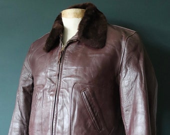 Vintage 1950s 50s russet red brown horsehide leather jacket mouton collar sheepskin lined 46” chest Talon zipper