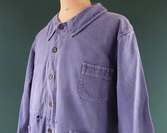 Vintage 1940s 40s French blue work jacket workwear chore faded 52” chest bleu de travail cotton twill sun faded