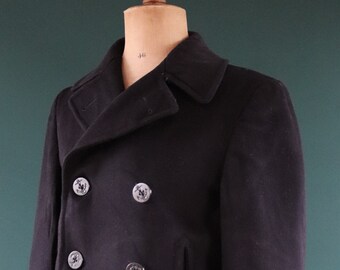 Vintage 1940s 40s WW2 midnight blue USN US navy naval wool pea deck coat jacket 40" chest military double breasted reefer