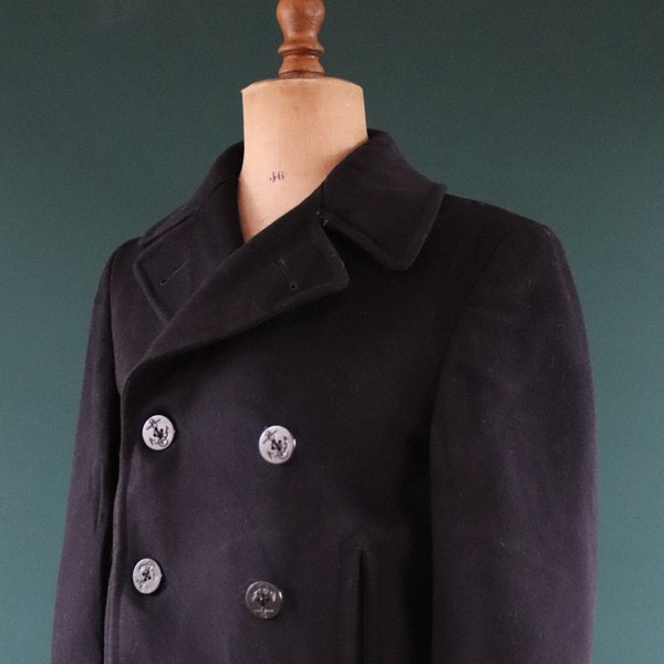 Vintage 1940s 40s WW2 midnight blue USN US navy naval wool pea deck coat jacket 40" chest military double breasted reefer