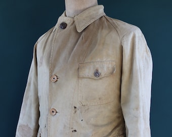 Vintage 1920s 20s French tan brown cotton hunting shooting jacket workwear work chore venery scene buttons 36” chest half belt