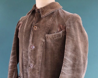 Vintage 1910s 10s 1920s 20s French brown velours corduroy work sack jacket 38” chest workwear chore darned repaired