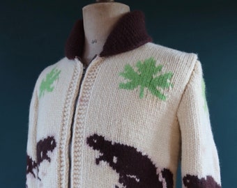 Vintage 1950 50s 1960s 60s knitted wool cowichan sweater cardigan jumper novelty hand made knit beaver shawl collar 42” chest