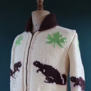Vintage 1950 50s 1960s 60s knitted wool cowichan sweater cardigan jumper novelty hand made knit beaver shawl collar 42 chest image 1