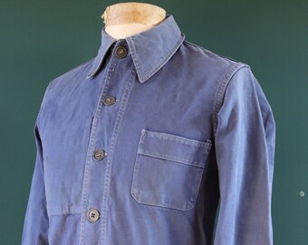 Vintage 1940s 40s 1950s 50s French blue work jacket workwear chore faded 40” chest bleu de travail cotton twill