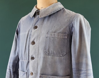 Vintage 1940s 40s French blue work jacket workwear chore faded 40” chest bleu de travail cotton twill whisker fades