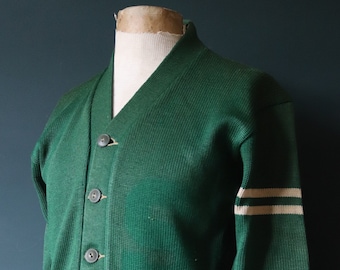 Vintage 1950s 50s American USA green wool knitted varsity Ivy League style rockabilly mod patch jumper sweater cardigan knitwear 40” chest