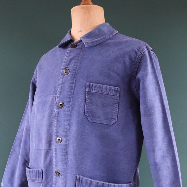 Vintage French Dumont D’Urville blue moleskin work jacket workwear chore faded 47” chest bleu de travail