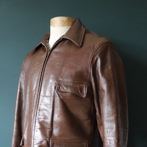 Vintage 1950s 50s Gertz brown horsehide pony hide leather car coat jacket Talon sports 42 chest half belt image 1