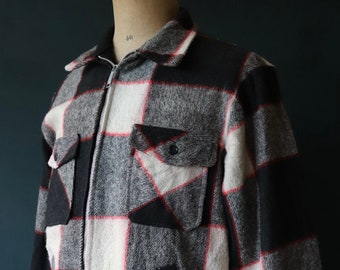 Vintage 1970s 70s Sears black white red plaid checked acrylic jacket 46” chest work workwear chore