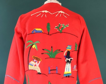 Vintage jaren 1960, rode wolvilt Mexicaanse souvenir toeristische jas nieuwigheid handgeborduurde 40" borst