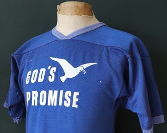 Vintage 1970s 70s 1980s 80s Gods Promise blue nylon durene shirt sports sportswear ringer 36” chest football sportswear sports