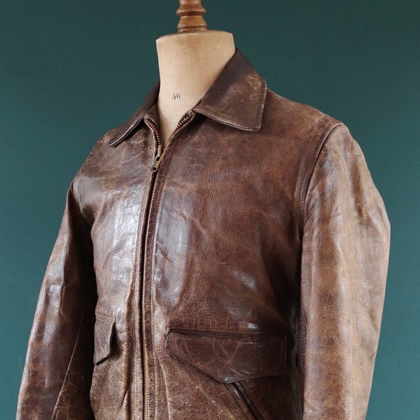 Vintage 1940s 40s 1950s 50s Montgomery Ward Windward brown steerhide leather half belt jacket Conmar 40” chest car coat