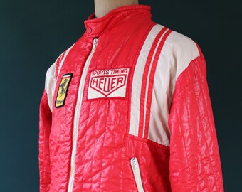 Vintage 1970s 70s 1980s 80s red white F1 Formula 1 Ferrari Heuer race pit crew team jacket 43” chest Niki Lauda