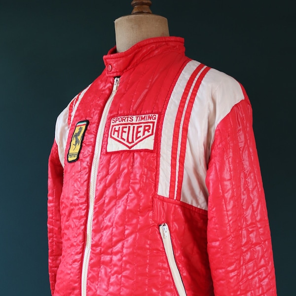 Vintage 1970s 70s 1980s 80s red white F1 Formula 1 Ferrari Heuer race pit crew team jacket 43” chest Niki Lauda