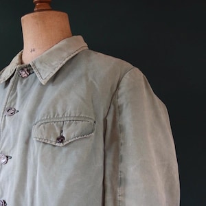 Vintage French workwear jacket - 1950s cotton canvas hunting - venery scene buttons - 50” chest