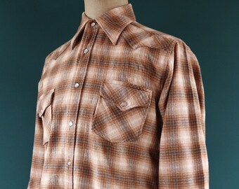 Vintage 1970s 70s Pendleton Western cowboy wool shirt cream brown shadow plaid checked style 44” chest