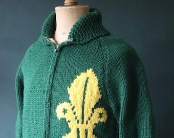 Vintage 1960s 60s hand knitted novelty Scouting log axe thick wool cowichan sweater cardigan jumper knit Flash zipper shawl collar 42” chest