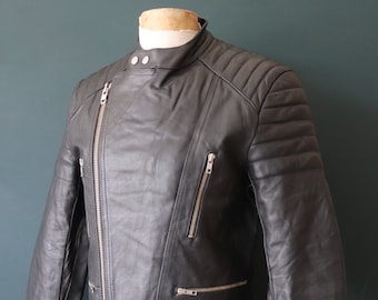 Vintage 1980s 80s European black leather cafe racer jacket 42” chest motorcycle biker Strokes