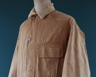 Vintage 1920s 20s Duxbak Utica tin cloth hunting shooting jacket workwear work chore half moon 50” chest