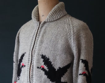 Vintage 1950 50s 1960s 60s chunky knitted wool cowichan sweater cardigan jumper hand made knit shawl collar 43” chest geese duck Flash zip