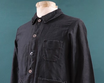 Vintage 1930s 30s French black moleskin work jacket chore workwear darned repaired 38” chest