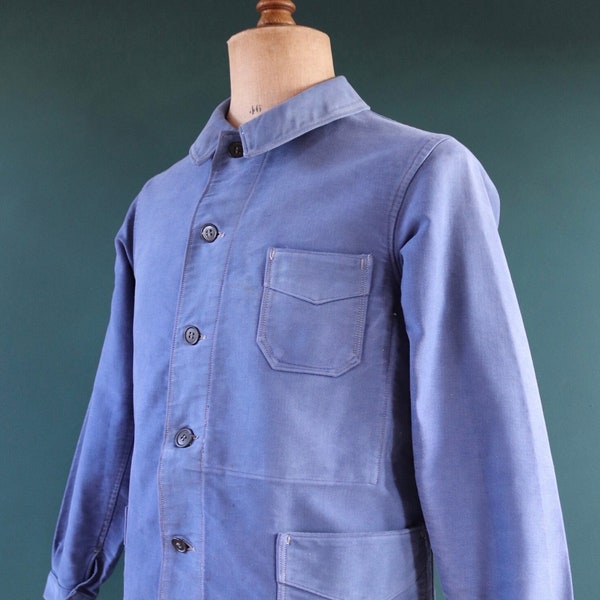 Vintage 1950s 50s 1960s 60s French blue moleskin work jacket workwear chore faded 41” chest bleu de travail