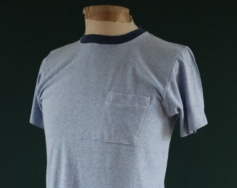 Vintage 1970s 70s 1980s 80s 50/50 blue heather marl pocket ringer t shirt 38” chest