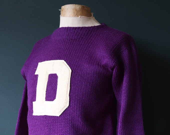Featured listing image: Vintage 1950s 50s American USA purple wool knitted varsity Ivy League style rockabilly mod patch jumper sweater long rib knitwear 38” chest