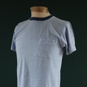 Vintage 1970s 70s 1980s 80s 50/50 blue heather marl pocket ringer t shirt 38” chest