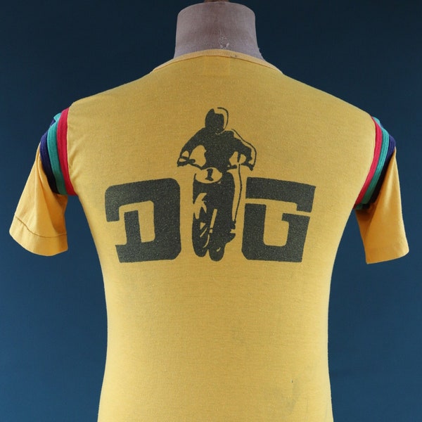 Vintage 1970s 70s 50/50 Campus yellow motor cross biker motorcycle ringer sports sportswear t shirt 34” chest