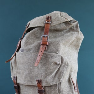 Vintage 1950s 50s Swiss army military salt pepper rucksack backpack leather cotton canvas hiking camping gear