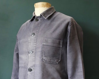 Vintage 1950s 50s French black grey moleskin work jacket chore workwear faded repaired darned patched 43” chest