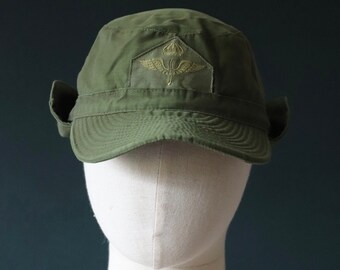 Vintage 1990s 90s Swedish army khaki green cotton cap hat M59 M 59 M-59 mechanic military ear flaps air force ground crew