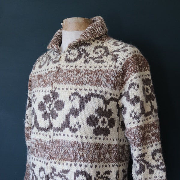 Vintage 1960s 60s 1970s 70s hand knitted wool cowichan sweater cardigan jumper knit flower cream brown shawl collar 41” chest