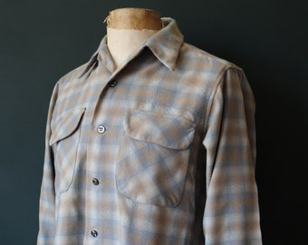 Vintage 1980s 80s Pendleton wool shirt sky blue grey plaid checked board shirt surf Ivy League style mod 42” chest