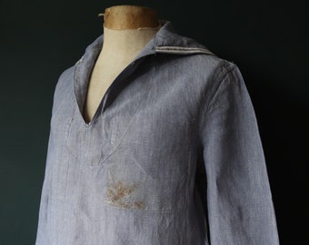 vintage des années 1960 des années 60 Français Marine Nationale Marine marine crackerjack bib top chemise cavalier lin indigo 43" poitrine militaire travail marin