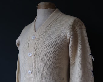 Vintage 1950s 50s American USA cream wool knitted varsity Ivy League style rockabilly mod patch jumper sweater cardigan knitwear 36” chest