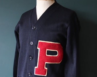 vintage années 1950 années 50 américain USA laine bleue tricoté varsity Ivy League style rockabilly mod patch pull pull pull cardigan tricot 40 » poitrine