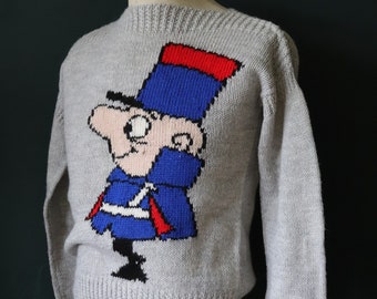 Vintage 1990s 90s grey marl blue red novelty Sergeant Deux Deux knit hand knitted jumper sweater boat neck 37" chest unisex Pink Panther