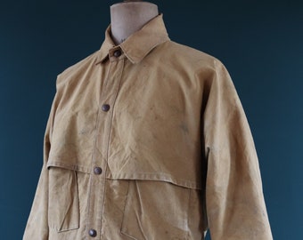 Vintage 1930s 30s Super Shedpel Union Made tin cloth duck cotton canvas logging logger lumber jacket 48” chest American workwear work chore