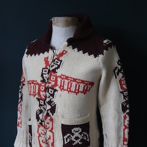 Vintage 1960s Hand Knit Cowichan Sweater: Totem Design, Shawl Collar (36&quot; Chest)