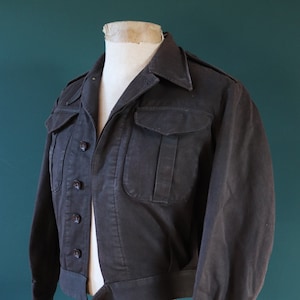 Vintage 1940s 40s WW2 era French army cotton drill battle dress cropped jacket 43” chest Ike military workwear work chore over dyed black